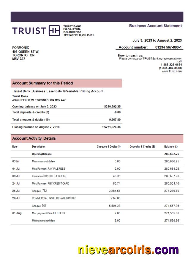 Truist Bank enterprise account statement